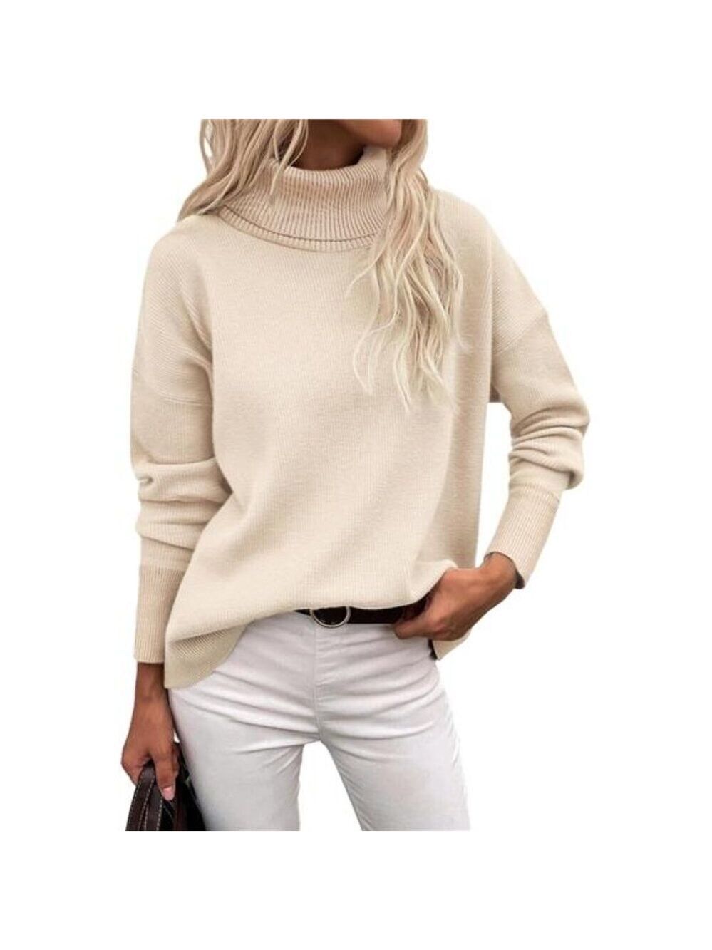 Womens Turtleneck Sweater Chunky Knit Pullover High Low Hem Fall Winter Top